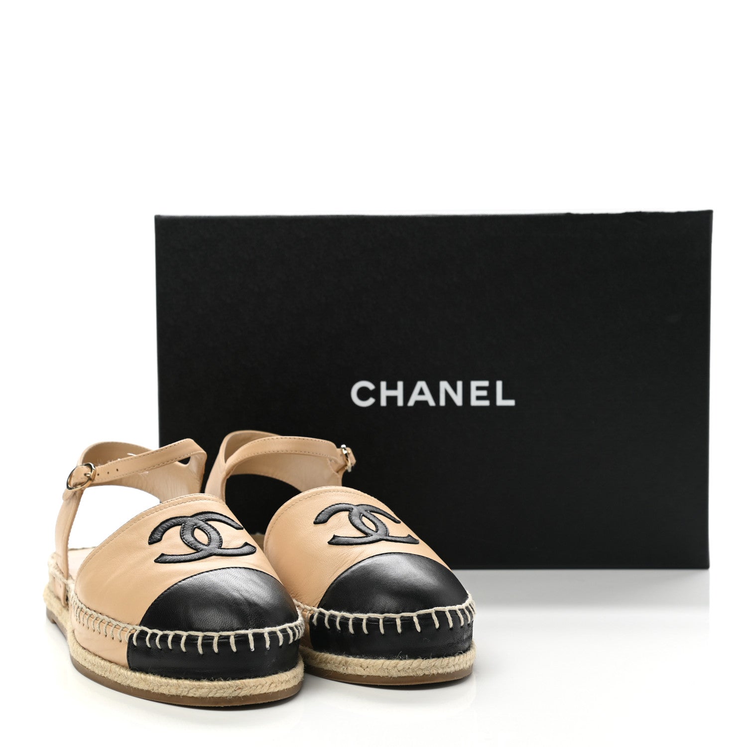 Chanel Lambskin Cap Toe CC Espadrille Sandals 40 Beige Black 9 of 9
