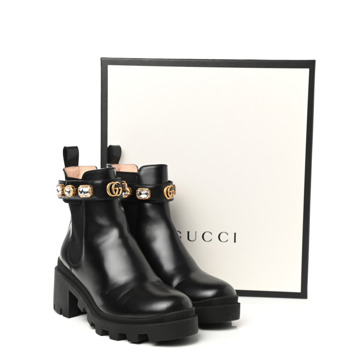 Calfskin Crystal GG Trip Chelsea Ankle Boots 38 Black