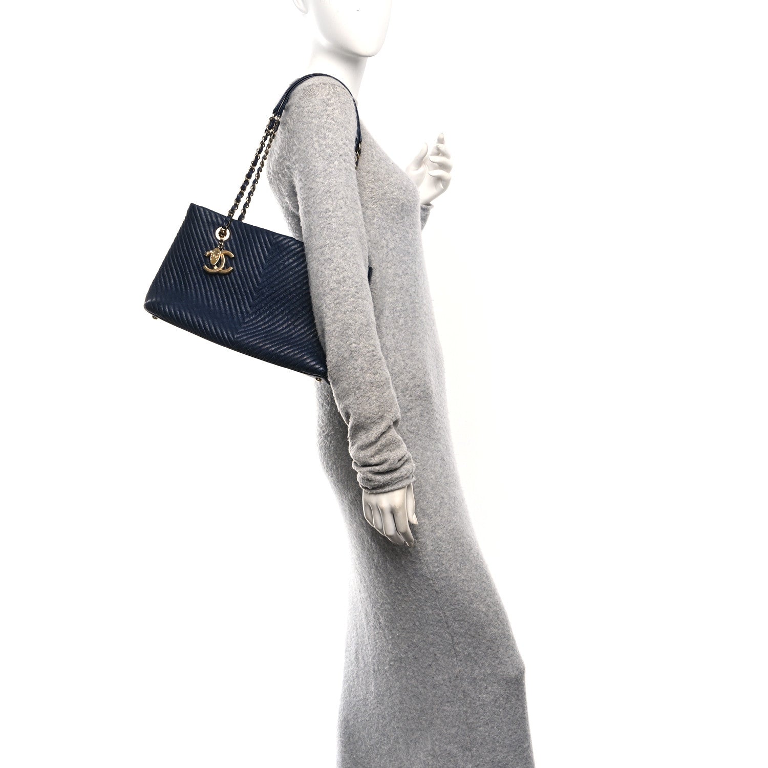 Chanel Wrinkled Lambskin Chevron Quilted Surpique Tote Navy Blue 2 of 10
