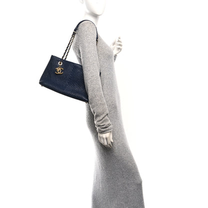 Chanel Wrinkled Lambskin Chevron Quilted Surpique Tote Navy Blue 2 of 10