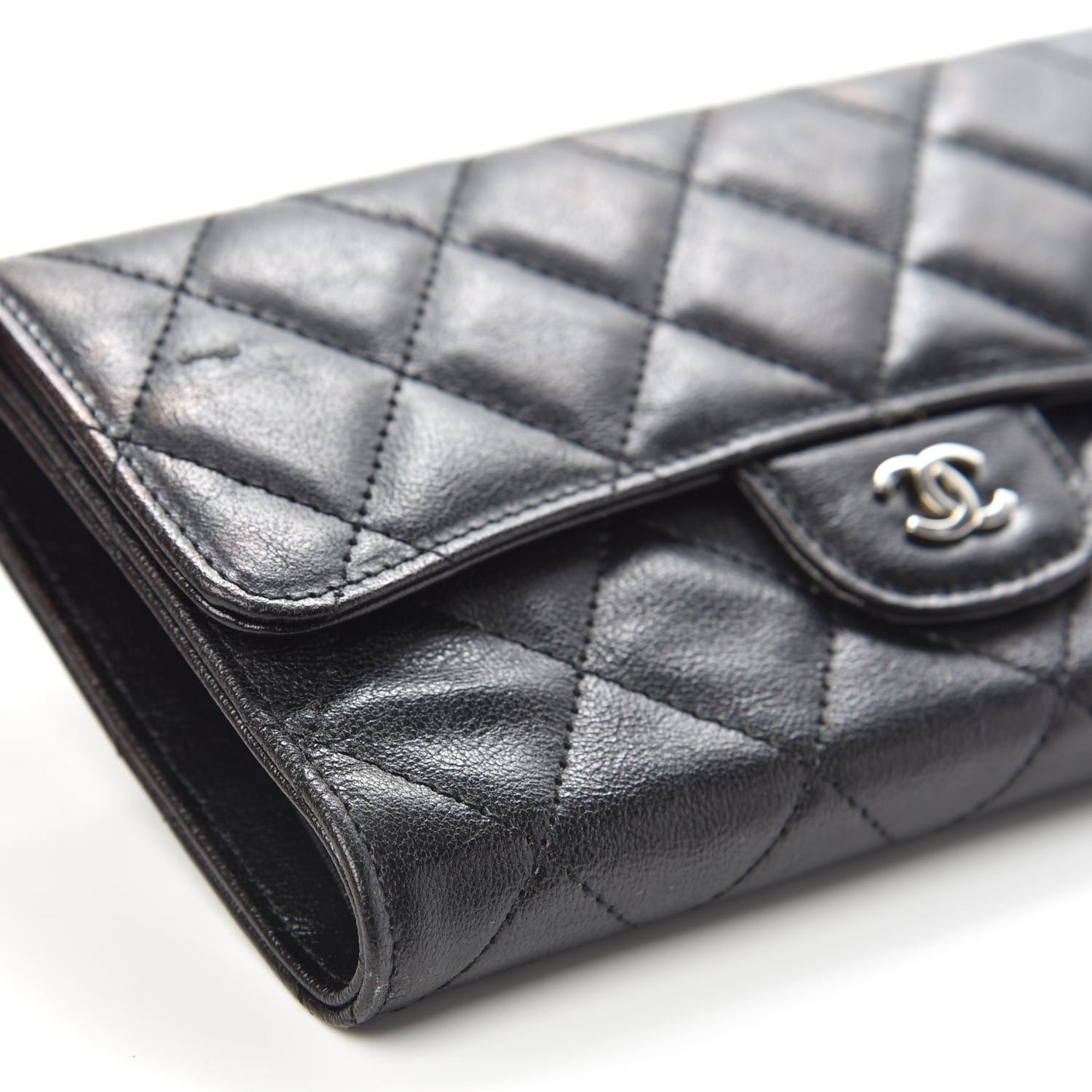 Calfskin Quilted Large Flap Wallet Black