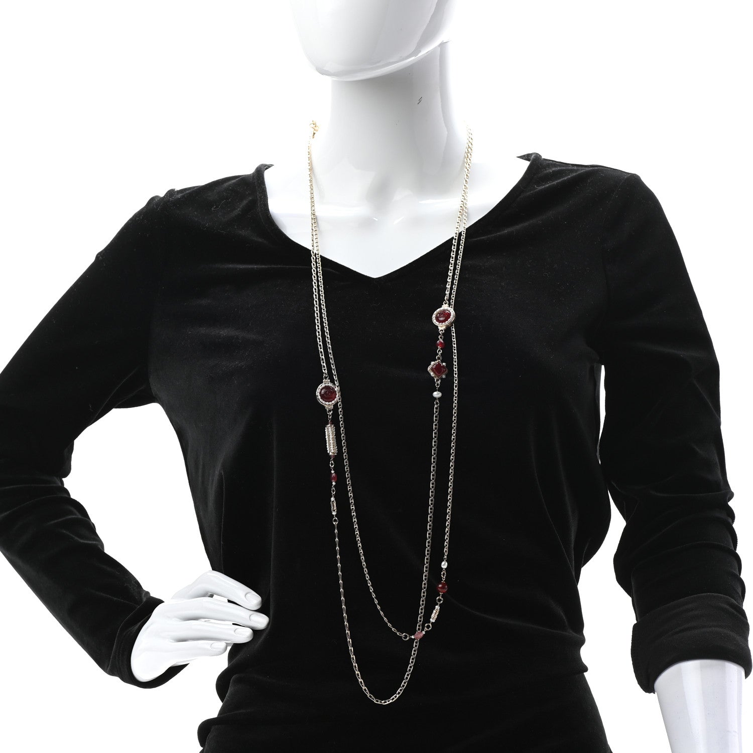 Chanel Pearl Resin Long Necklace Gold Red 2 of 6