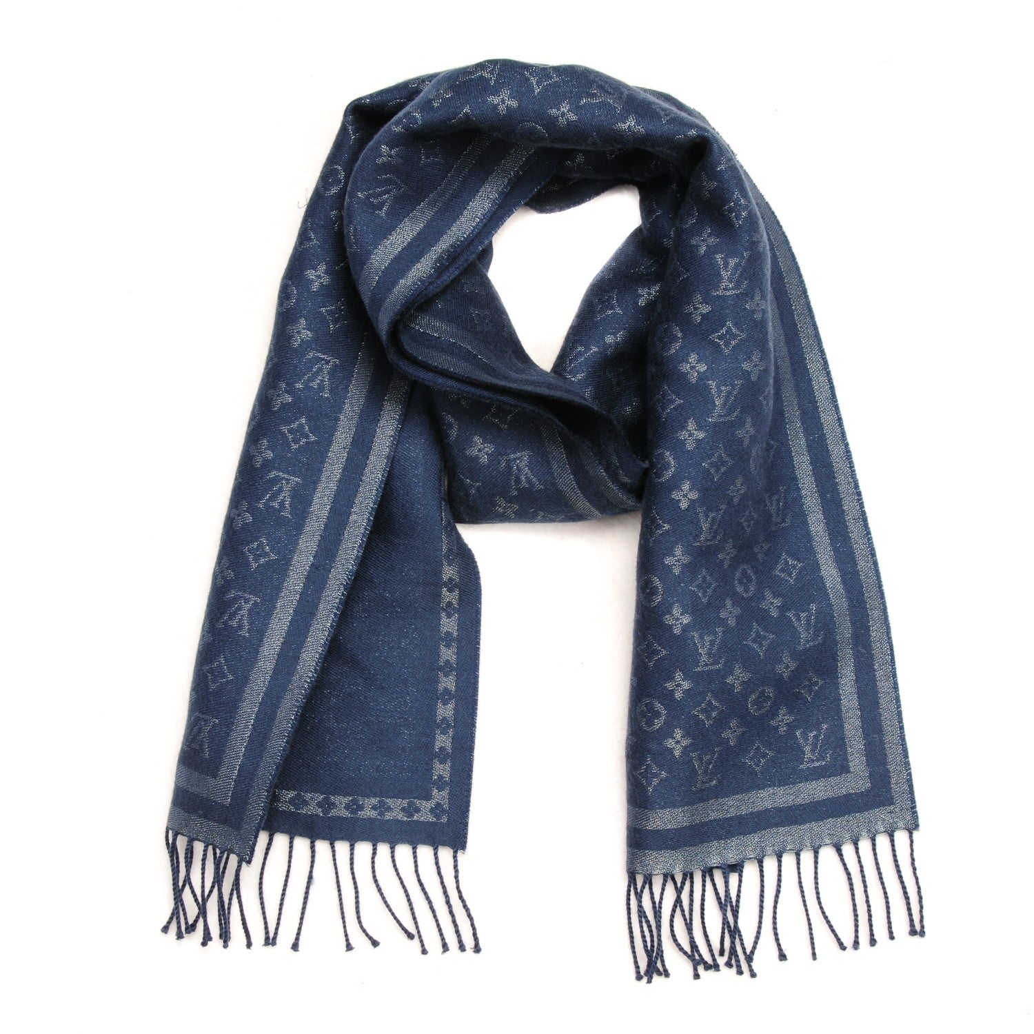 Louis Vuitton Wool Cashmere Lurex Monogram Scarf Blue 1 of 4