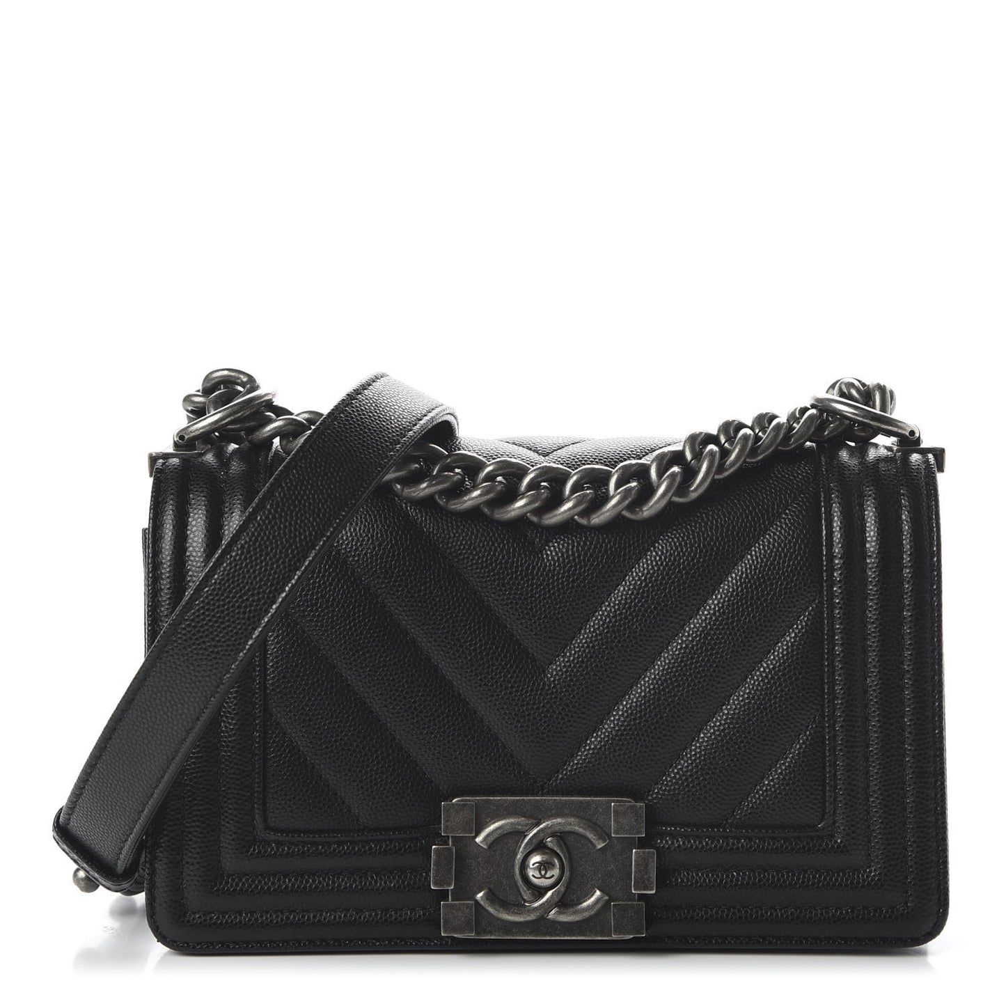 Caviar Chevron Quilted Small Boy Flap Black