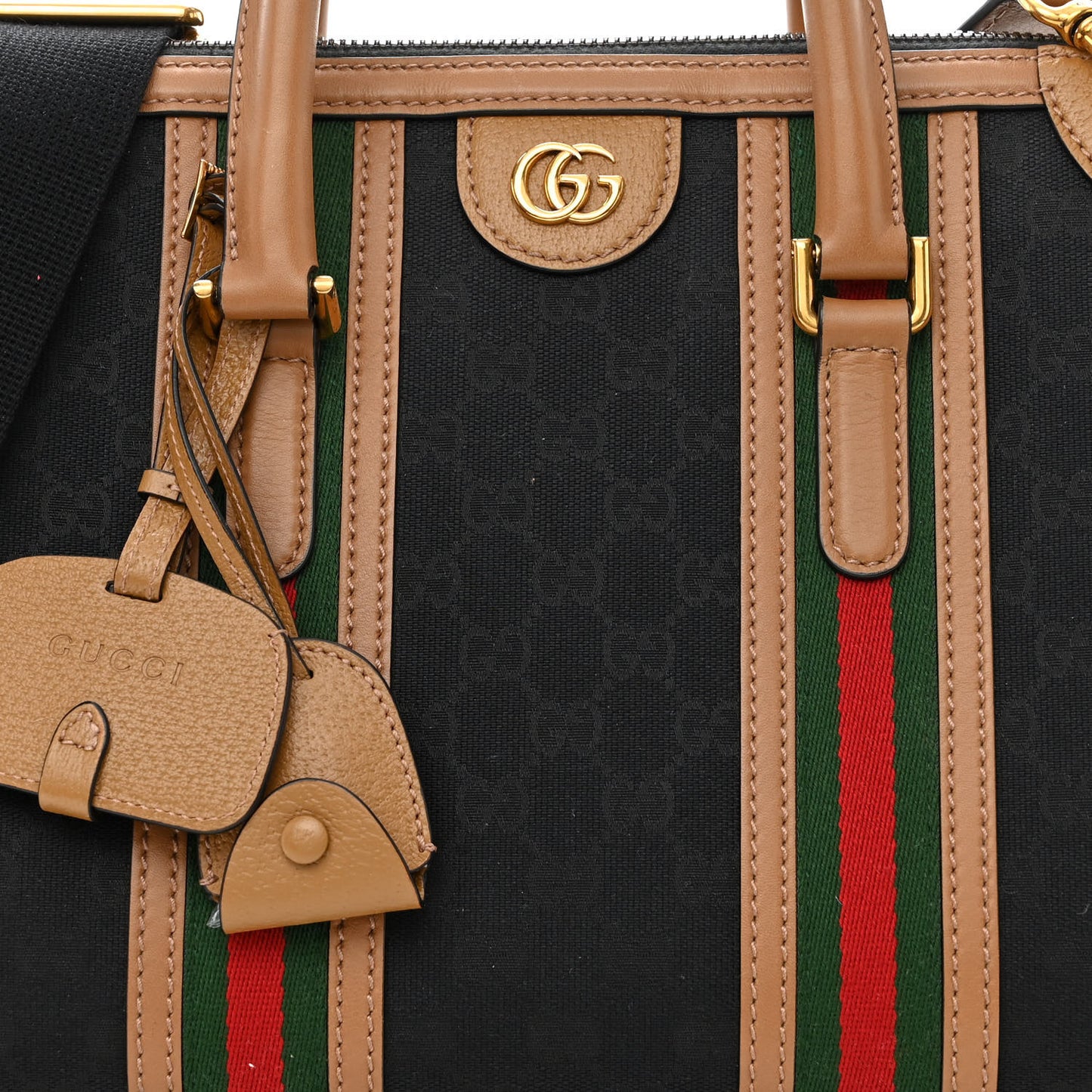 Monogram Textured Dollar Calfskin Web Medium Bauletto Duffle Top Handle Bag Black Koi Beige
