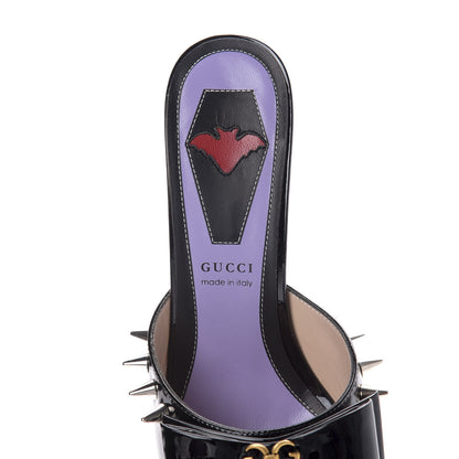 Gucci Patent GG Bow Sadie Spike Mid Heel Mules 37.5 Black 7 of 10