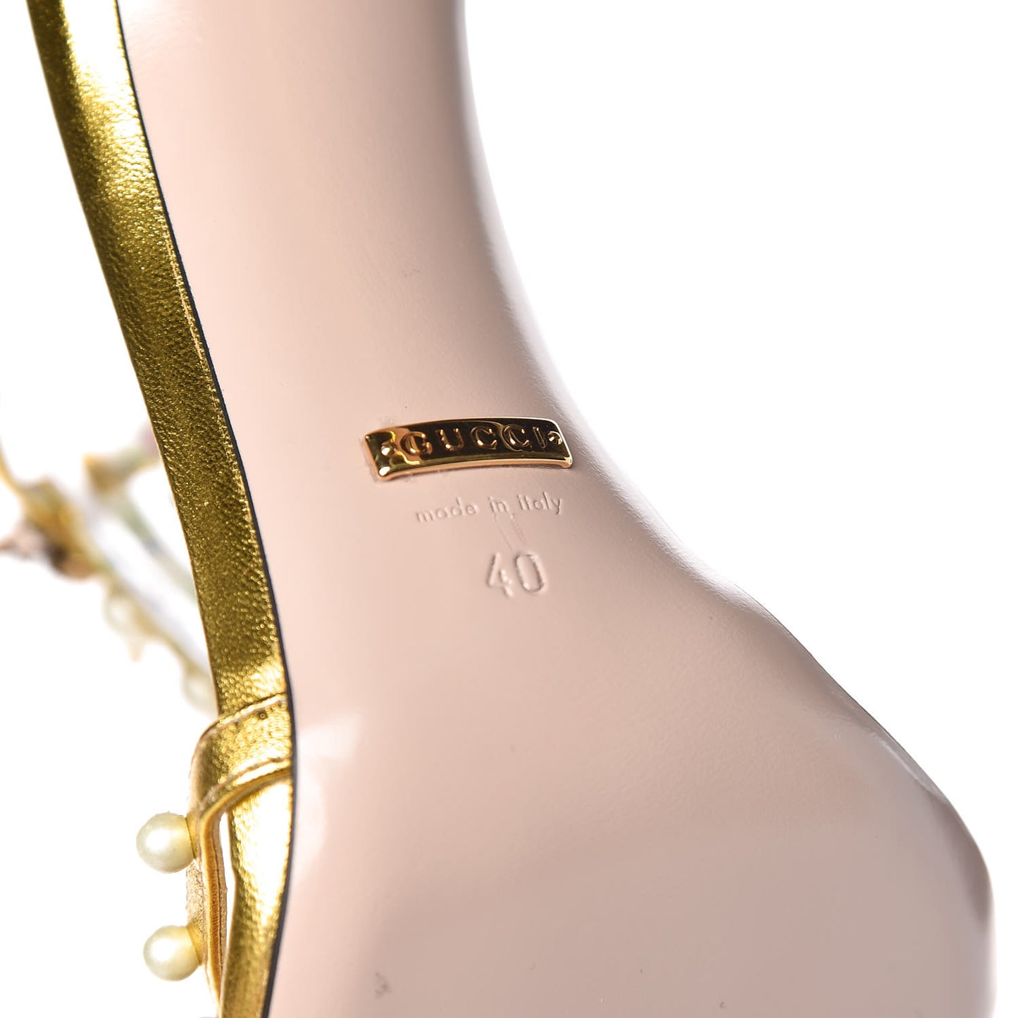 Metallic Nappa Silk Pearl Studded Regina T-Strap High Heel Sandals 40 Oro Vecchio