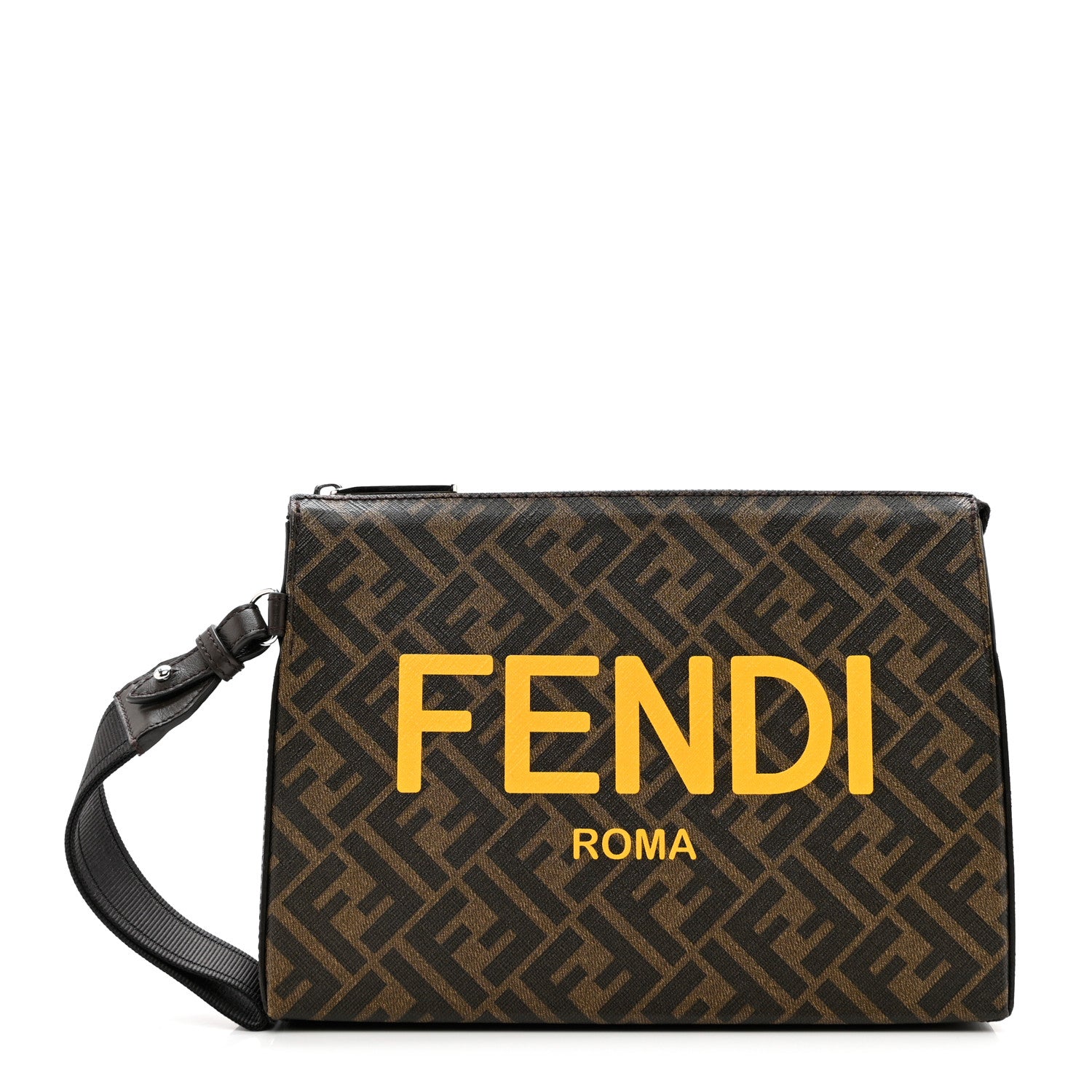 Fendi Shiny Glazed Fabric Vitello Cover FF 1974 Logo Clutch Tobacco Moro Giallo Ebano 1 of 6