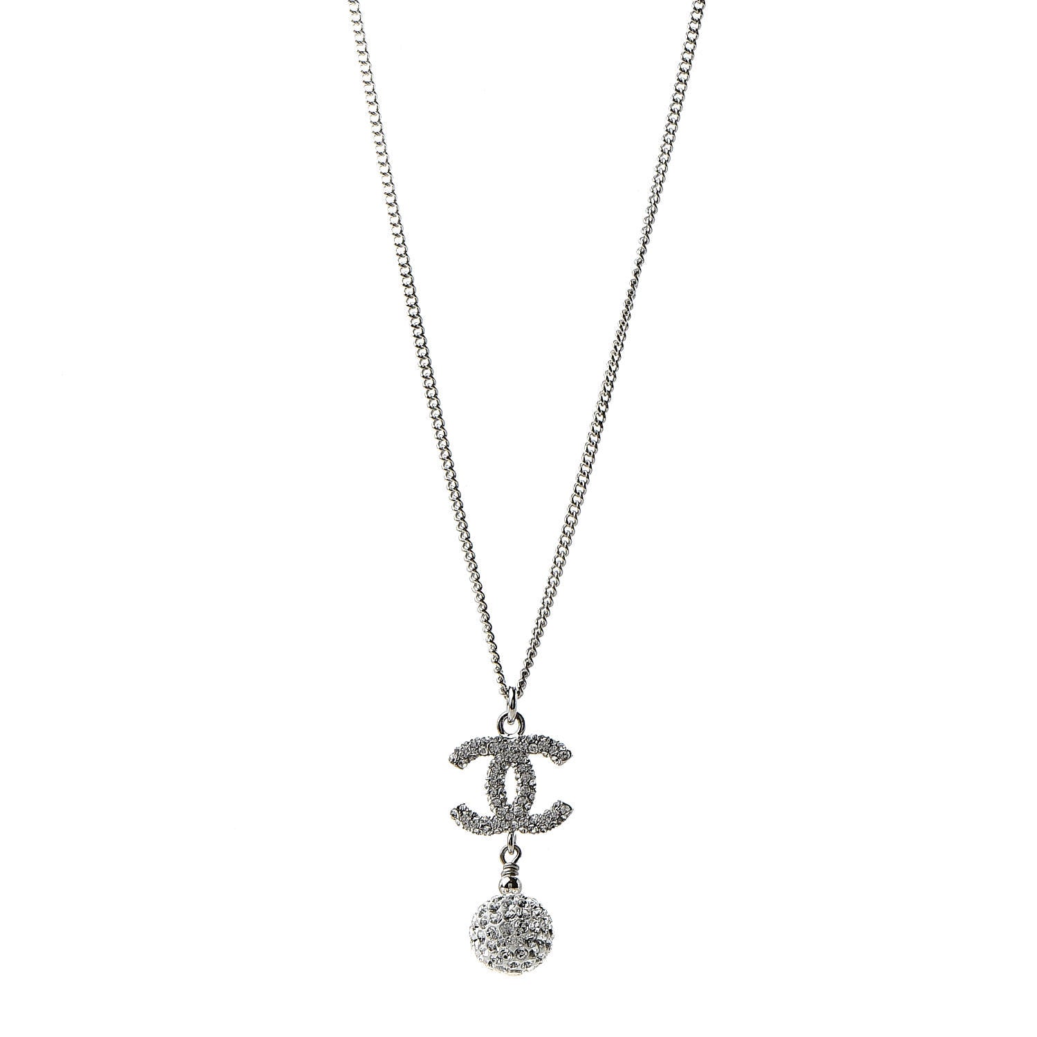 Chanel Crystal CC Ball Pendant Necklace Silver 1 of 6