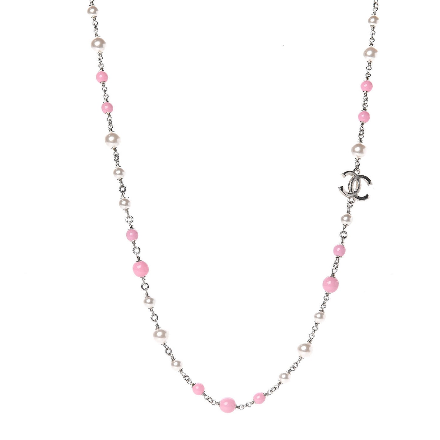Pearl Beaded Enamel CC Long Necklace Silver Pink