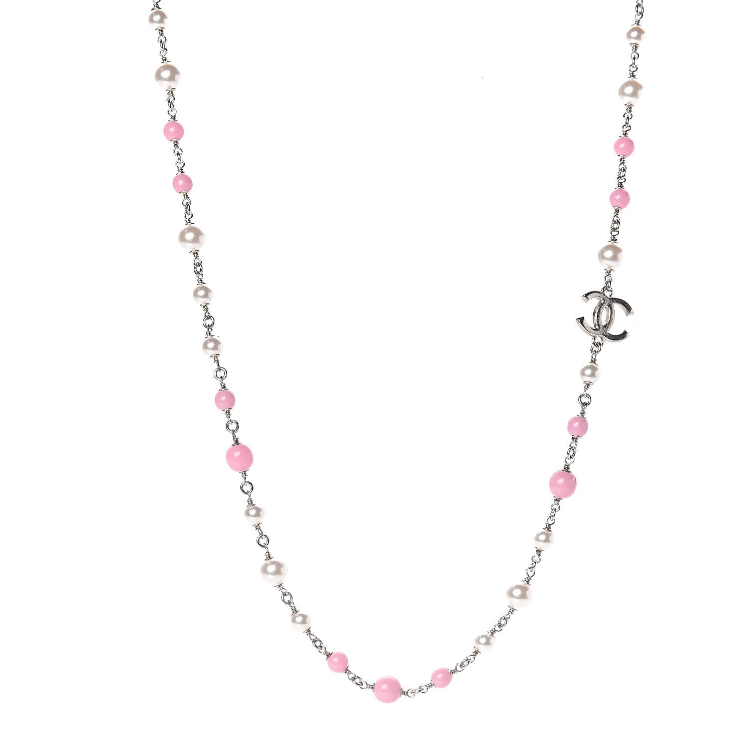 Chanel Pearl Beaded Enamel CC Long Necklace Silver Pink 1 of 6