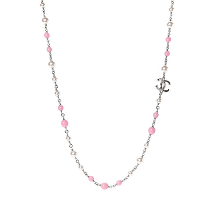Chanel Pearl Beaded Enamel CC Long Necklace Silver Pink 1 of 6