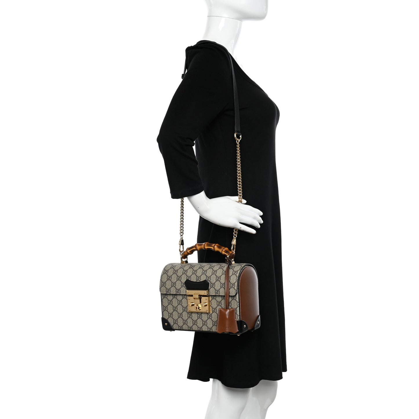 GG Supreme Monogram Small Padlock Bamboo Shoulder Bag Beige Black Cuir