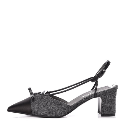 Chanel Tweed Satin Cap Toe CC Slingback Pumps 40 Black Grey 1 of 9