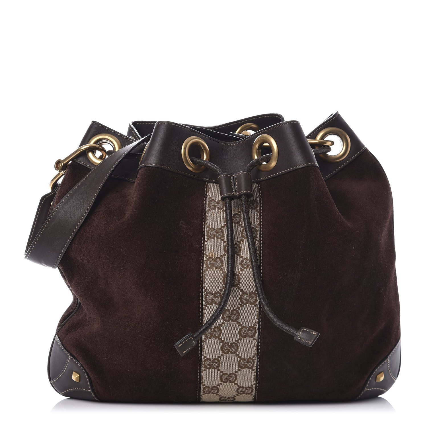 Gucci Suede Monogram Drawstring Bag Brown 1 of 9