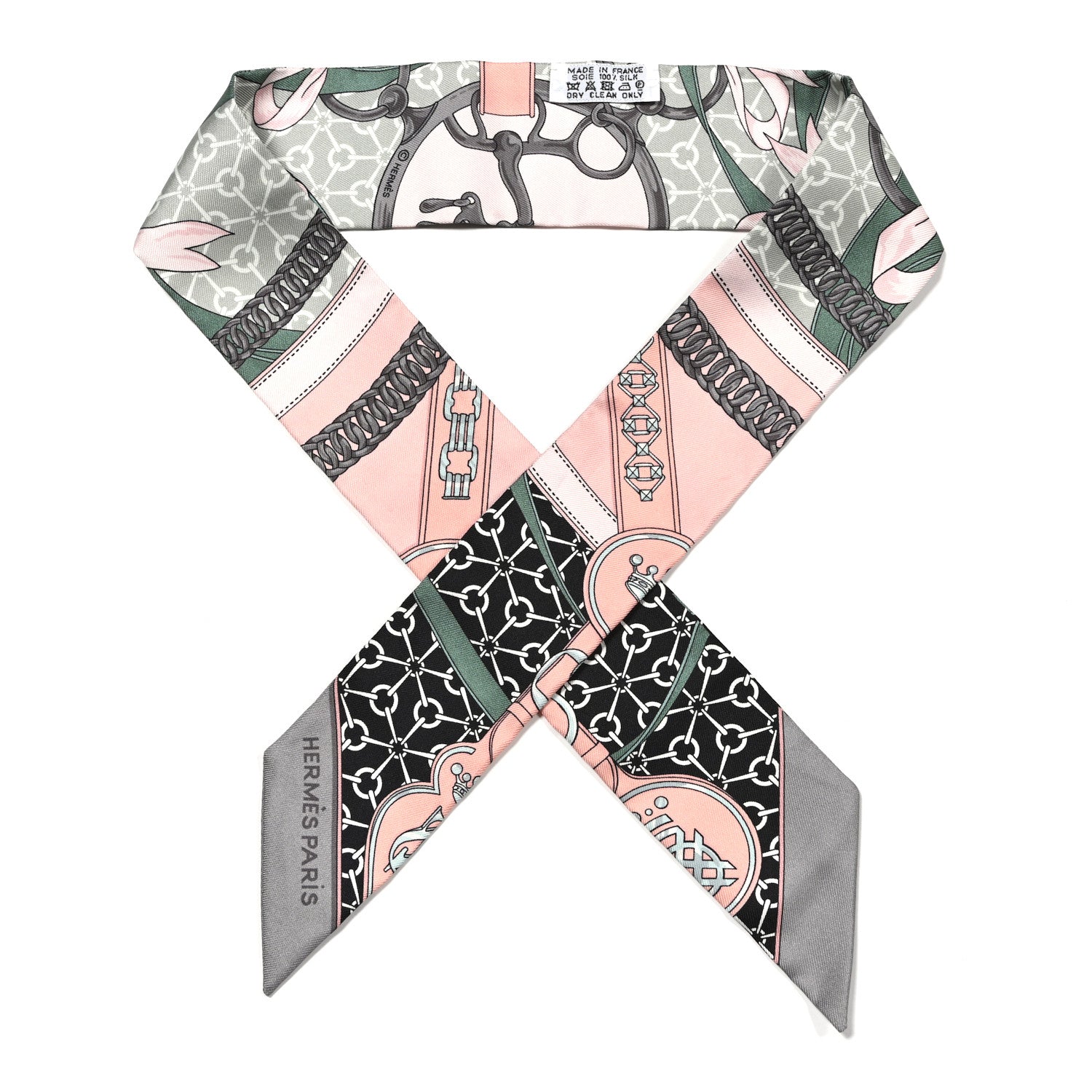 Hermes Silk La Promenade Du Matin Twilly Black Rose Poudre Celadon 1 of 4