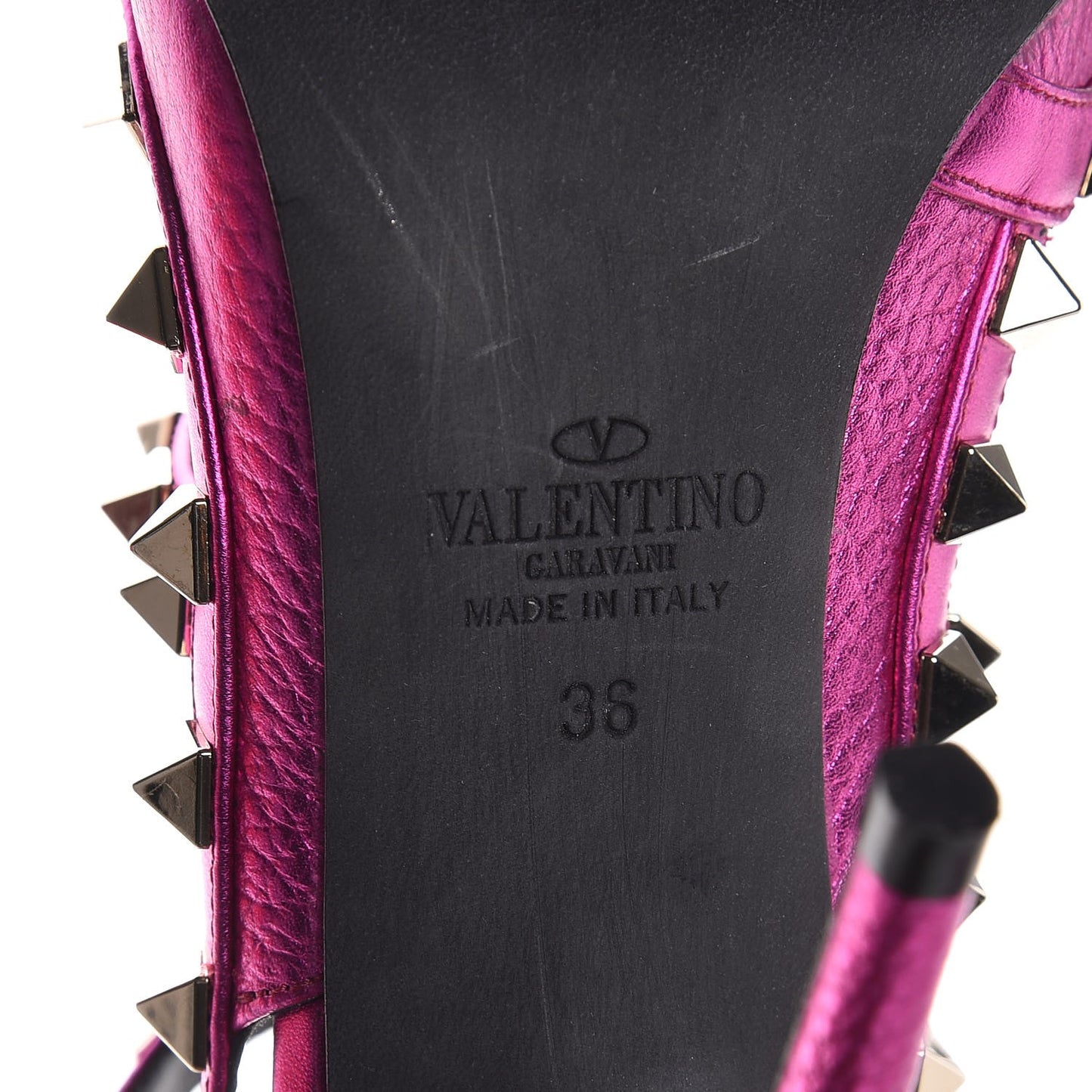 Metallic Pebbled Calfskin Rockstud Ankle Strap Pumps 36 Peony