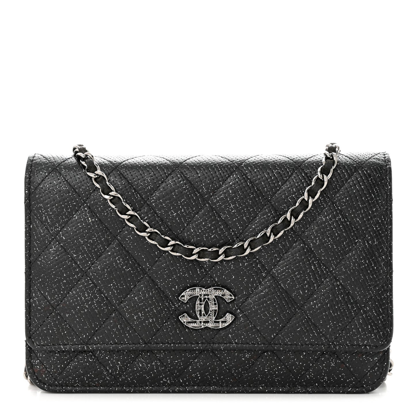 Glitter Calfskin Quilted Wallet on Chain WOC Black Silver