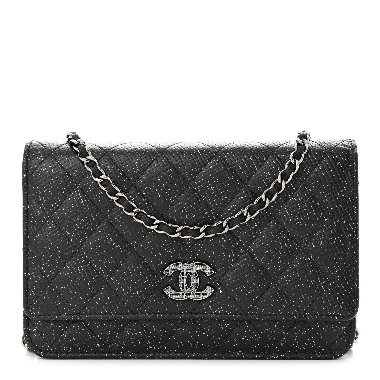 Chanel Glitter Calfskin Quilted Wallet on Chain WOC Black Silver 1 of 13