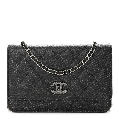 Chanel Glitter Calfskin Quilted Wallet on Chain WOC Black Silver 1 of 13