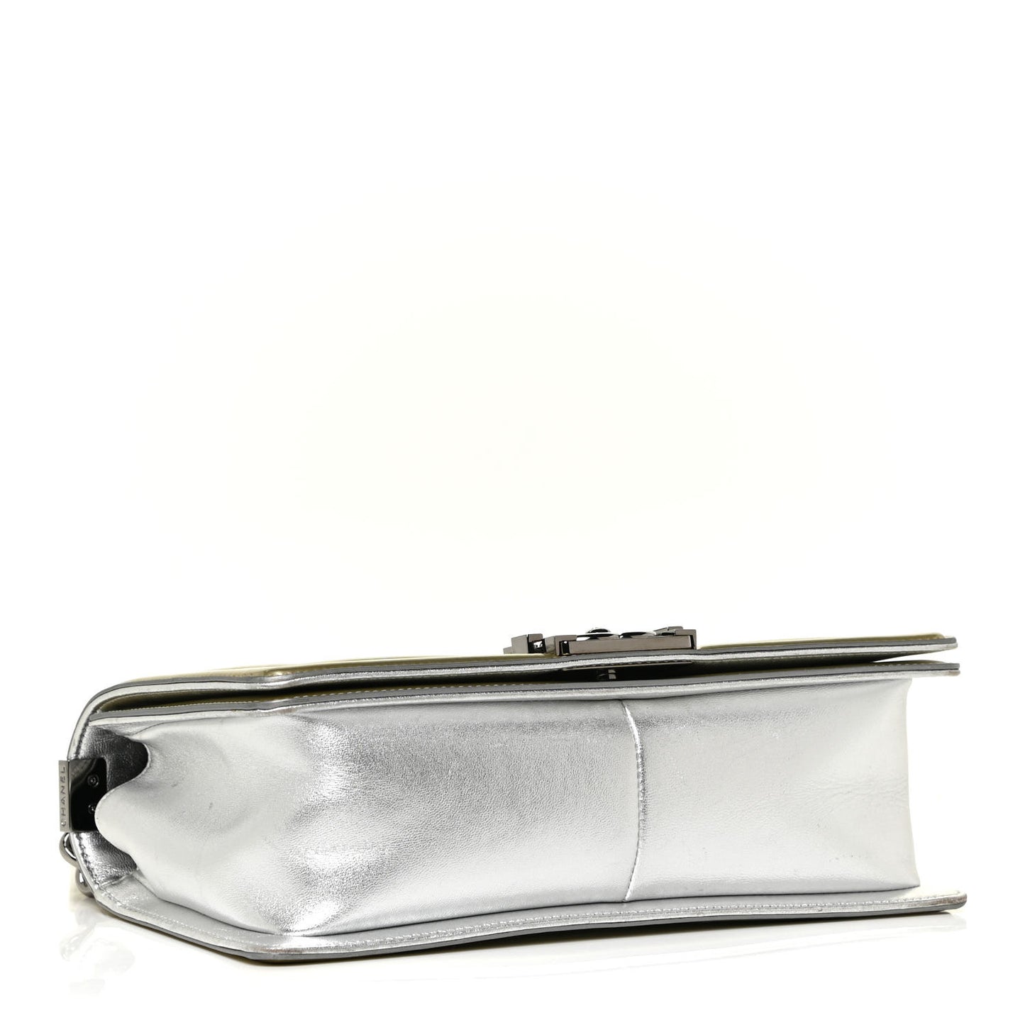Metallic Patent Calfskin Quilted Medium Boy Flap Silver
