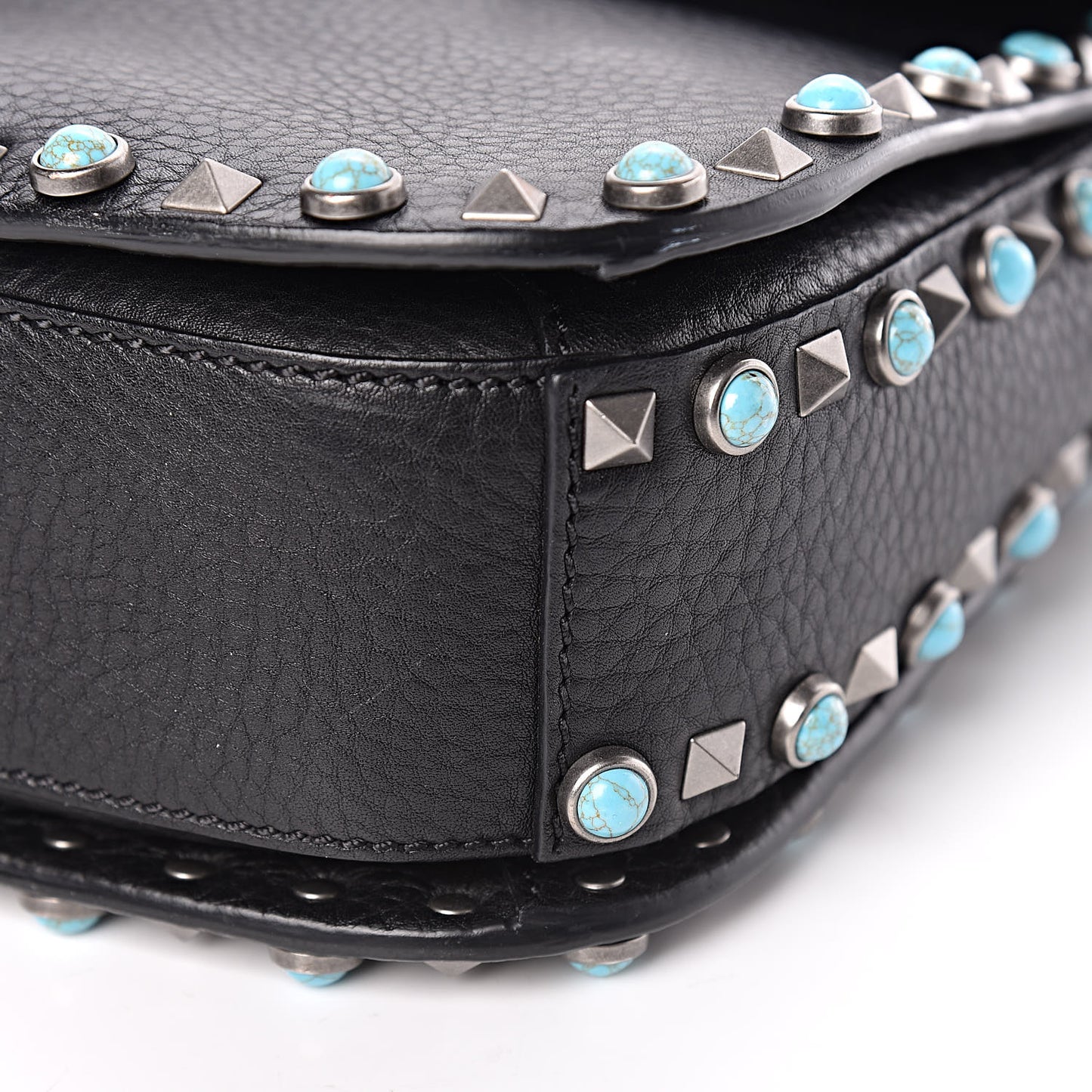 Pebbled Calfskin Turquoise Medium Guitar Strap Rockstud Rolling Flap Saddle Bag Black