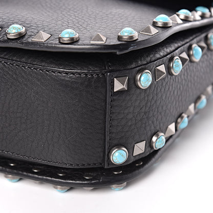 Valentino Garavani Pebbled Calfskin Turquoise Medium Guitar Strap Rockstud Rolling Flap Saddle Bag Black 6 of 17