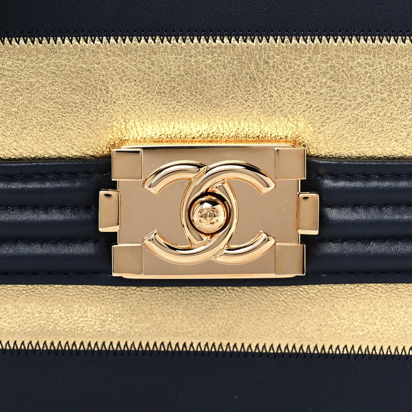 Metallic Lambskin Striped North South Boy Flap Navy Gold