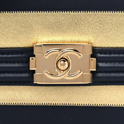 Chanel Metallic Lambskin Striped North South Boy Flap Navy Gold 6 of 11