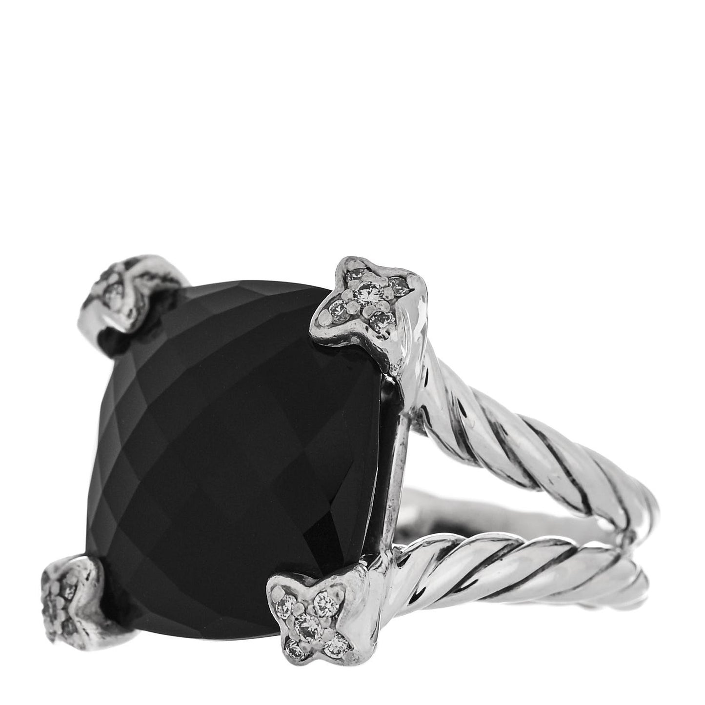 Sterling Silver Black Onyx Pave Diamond 15mm Cushion On Point Ring 50/5.5