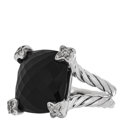 David Yurman Sterling Silver Black Onyx Pave Diamond 15mm Cushion On Point Ring 50/5.5 3 of 5