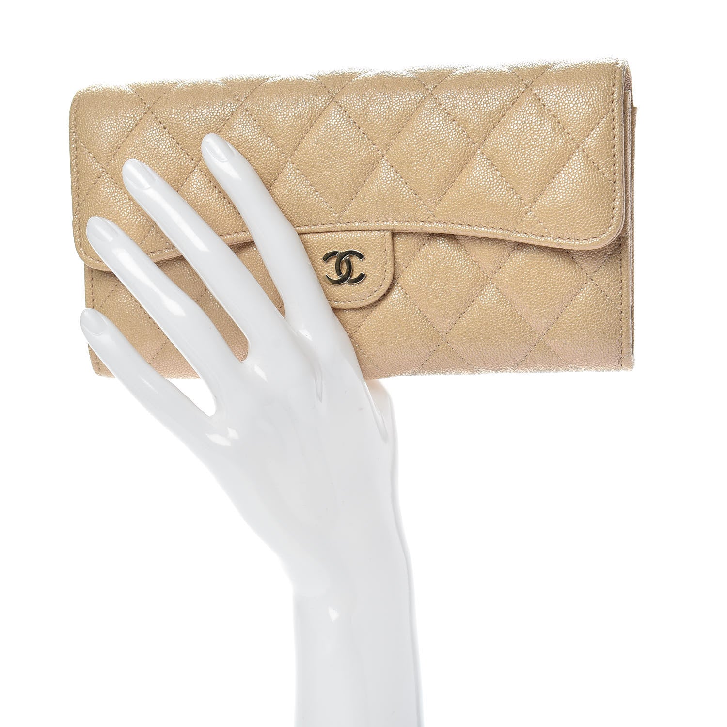 Chanel Iridescent Caviar Quilted Long Gusset Flap Wallet Beige 2 of 9