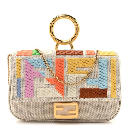 Fendi Kuban Canvas FF Embroidered Nano Baguette Charm Grezzo Multicolor 1 of 12