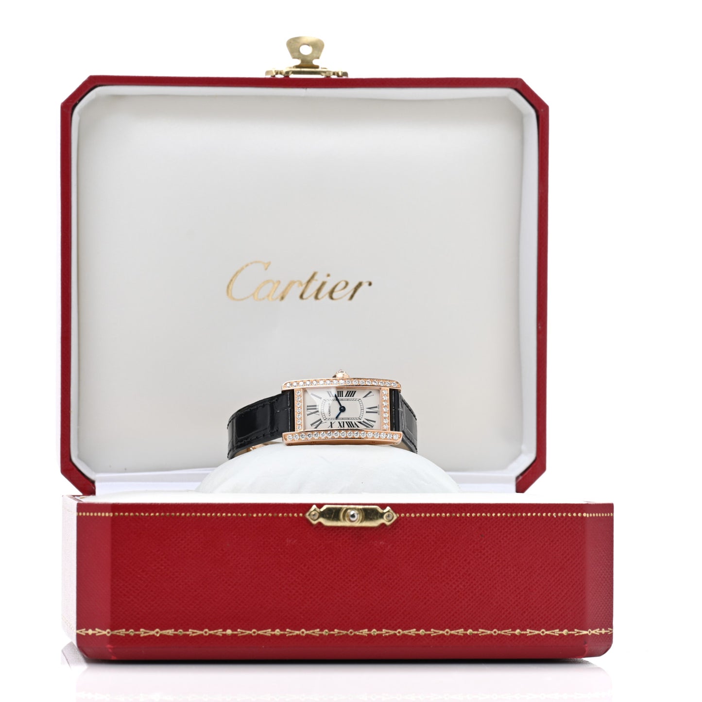 18K Pink Gold Alligator Diamond Bezel 19mm Tank Americaine Quartz Watch