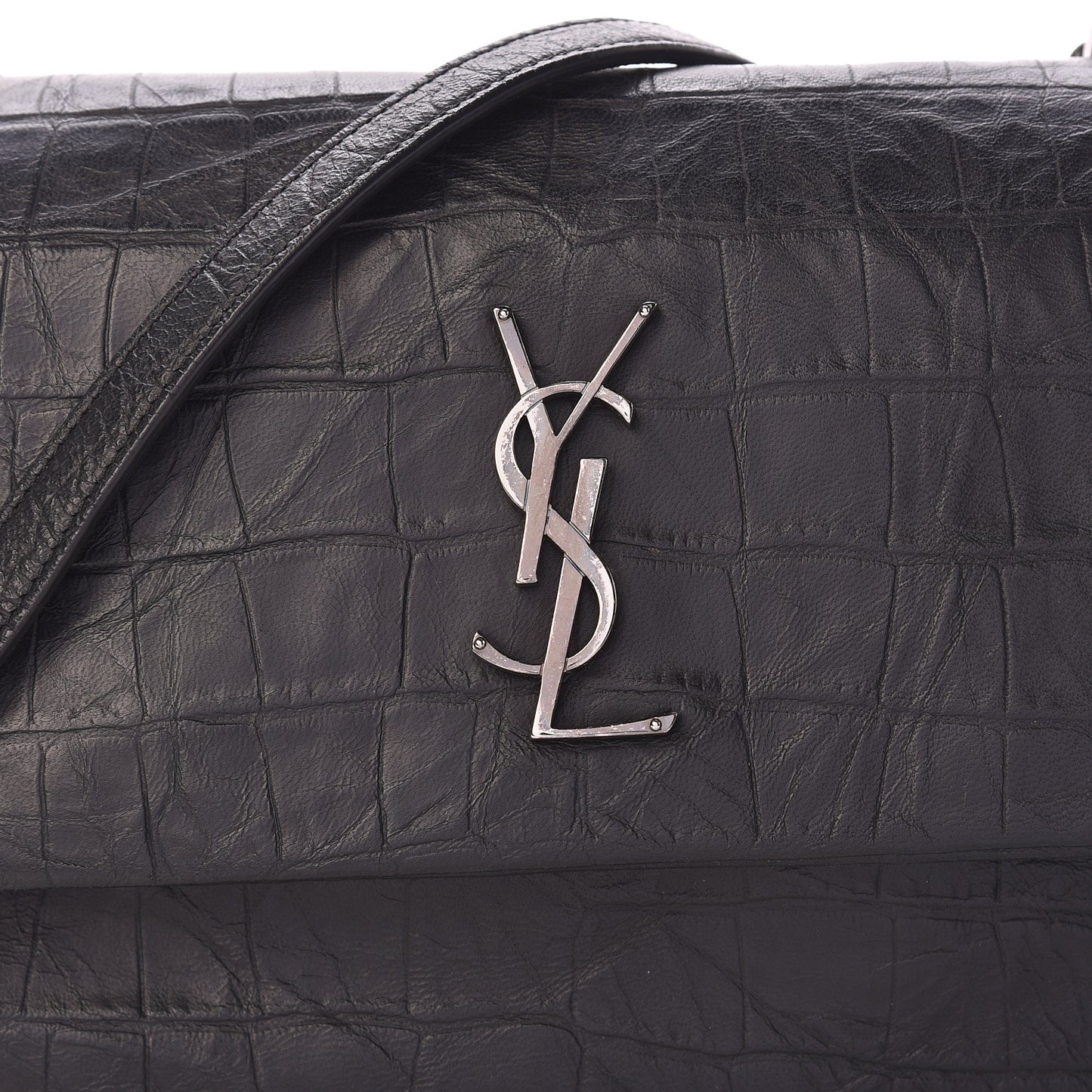 Calfskin Crocodile Embossed Medium West Hollywood Monogram Fold-Over Black