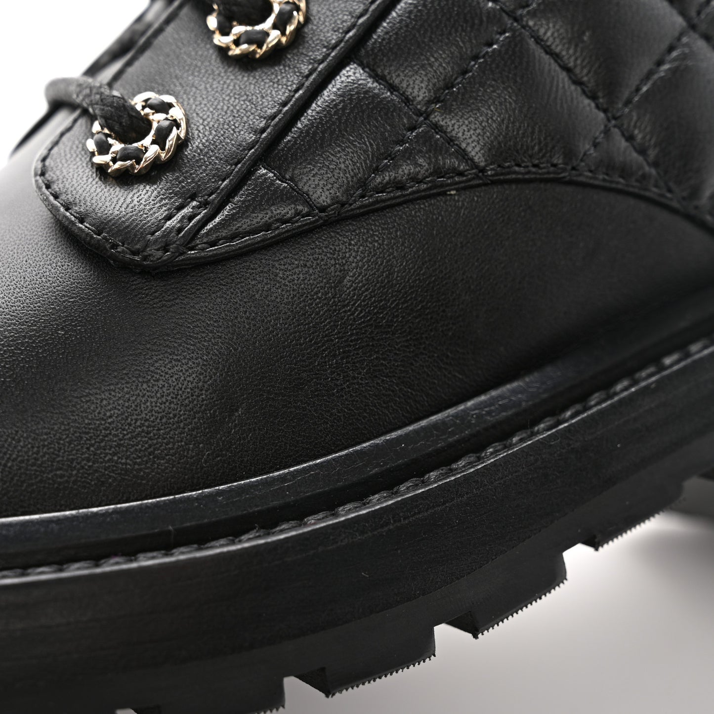 Shiny Goatskin Calfskin Quilted Lace Up Combat Boots 37.5 Black