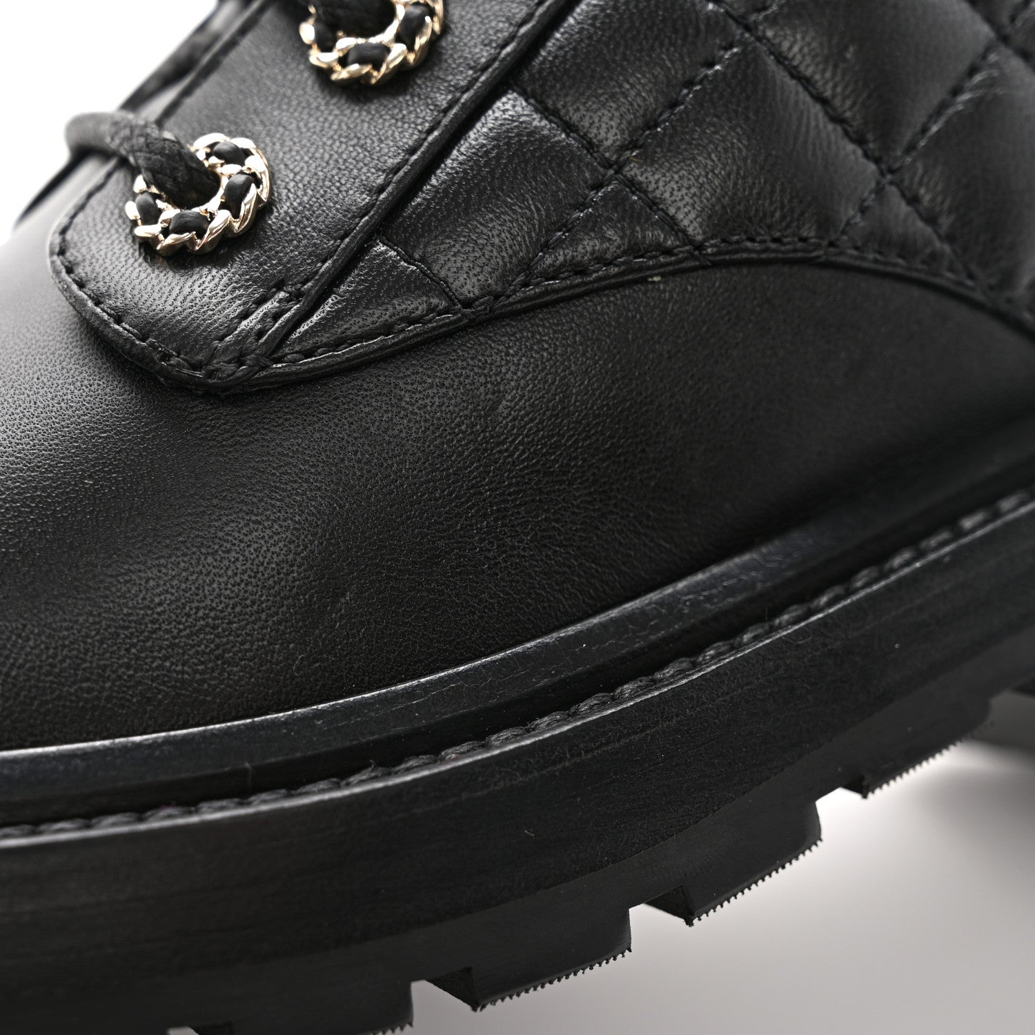 Chanel Shiny Goatskin Calfskin Quilted Lace Up Combat Boots 37.5 Black 11 of 13