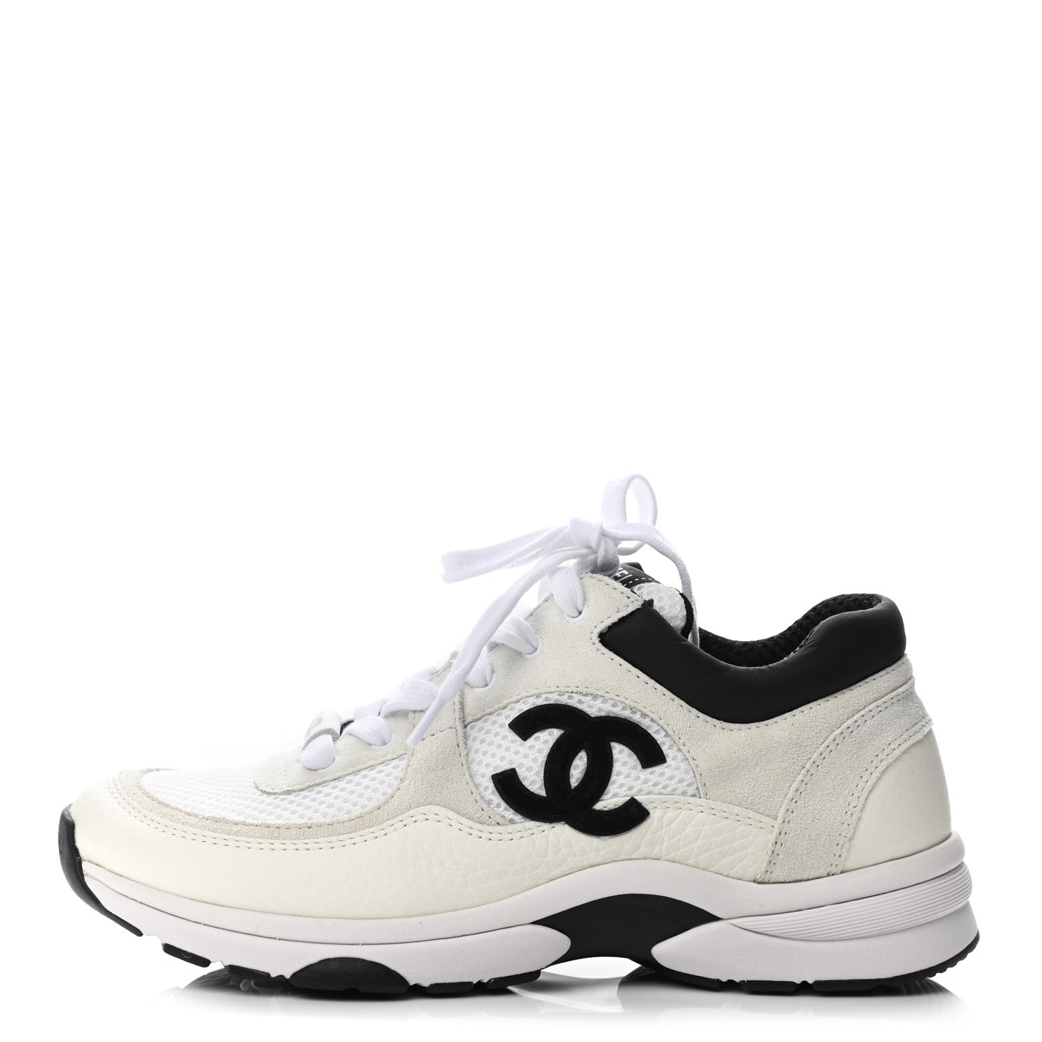 Chanel Mesh Suede Calfskin Grained Calfskin Womens CC Sneakers 37 White Black 1 of 7