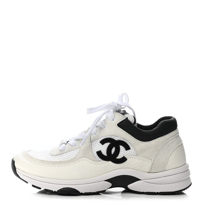 Chanel Mesh Suede Calfskin Grained Calfskin Womens CC Sneakers 37 White Black 1 of 7