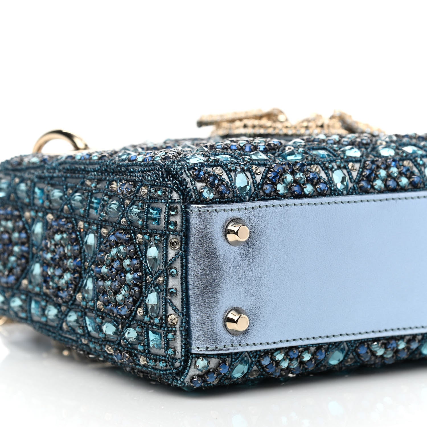 Christian Dior Metallic Calfskin Satin Celestial Bead Embroidery Cannage Mini Lady Dior Blue 8 of 9