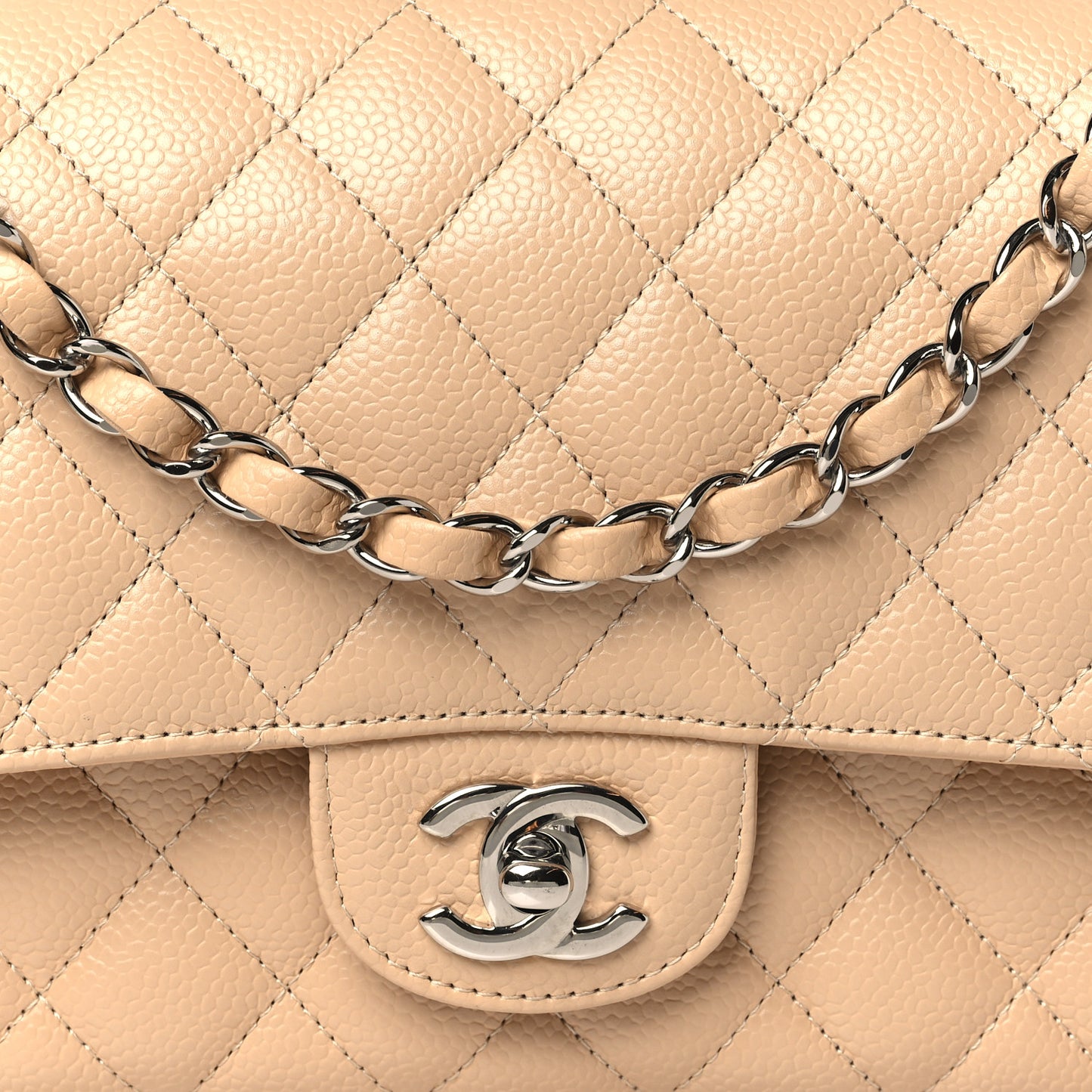 Caviar Quilted Medium Double Flap Beige