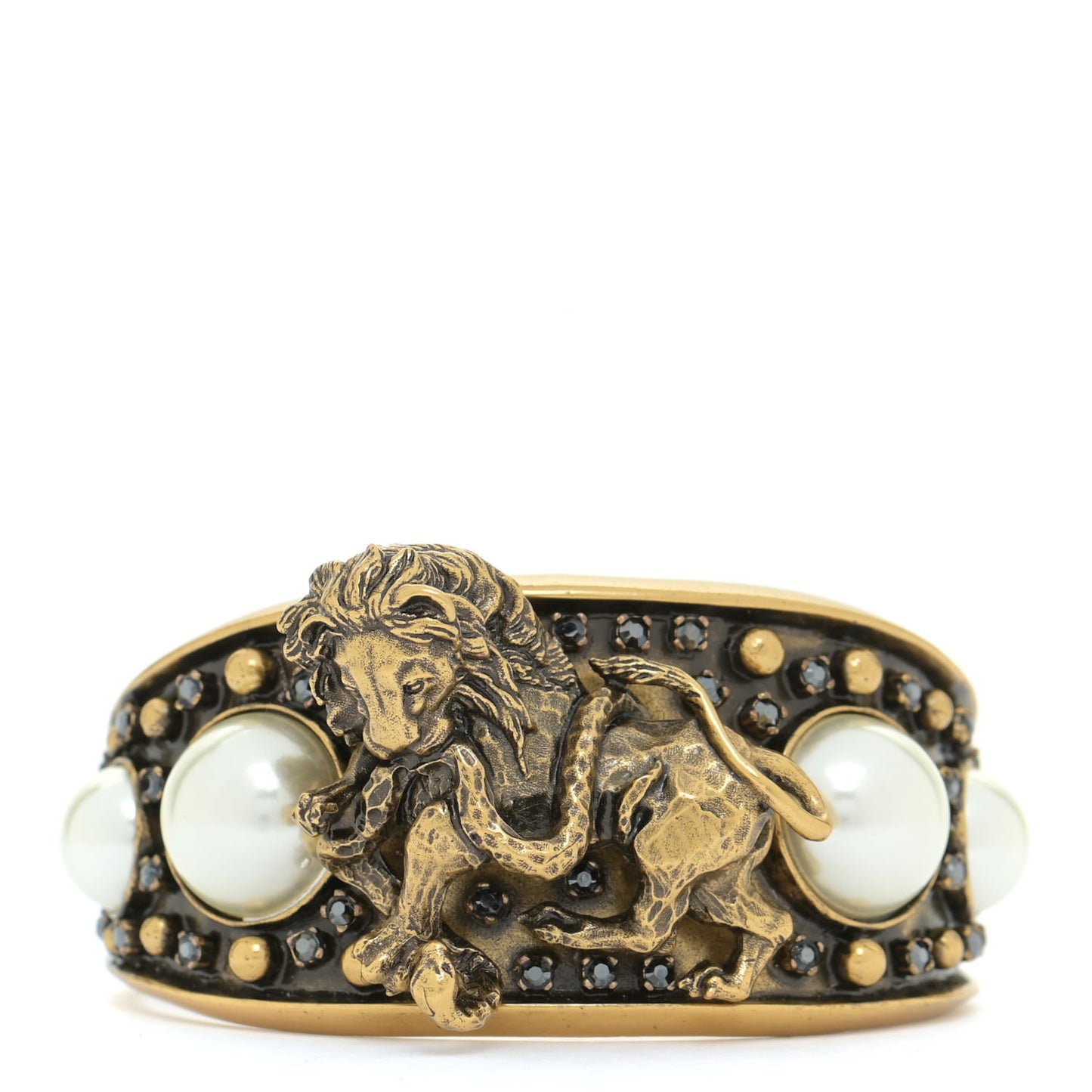 Metal Pearl Crystal Dior D-Wild Lion Cuff Antique Gold