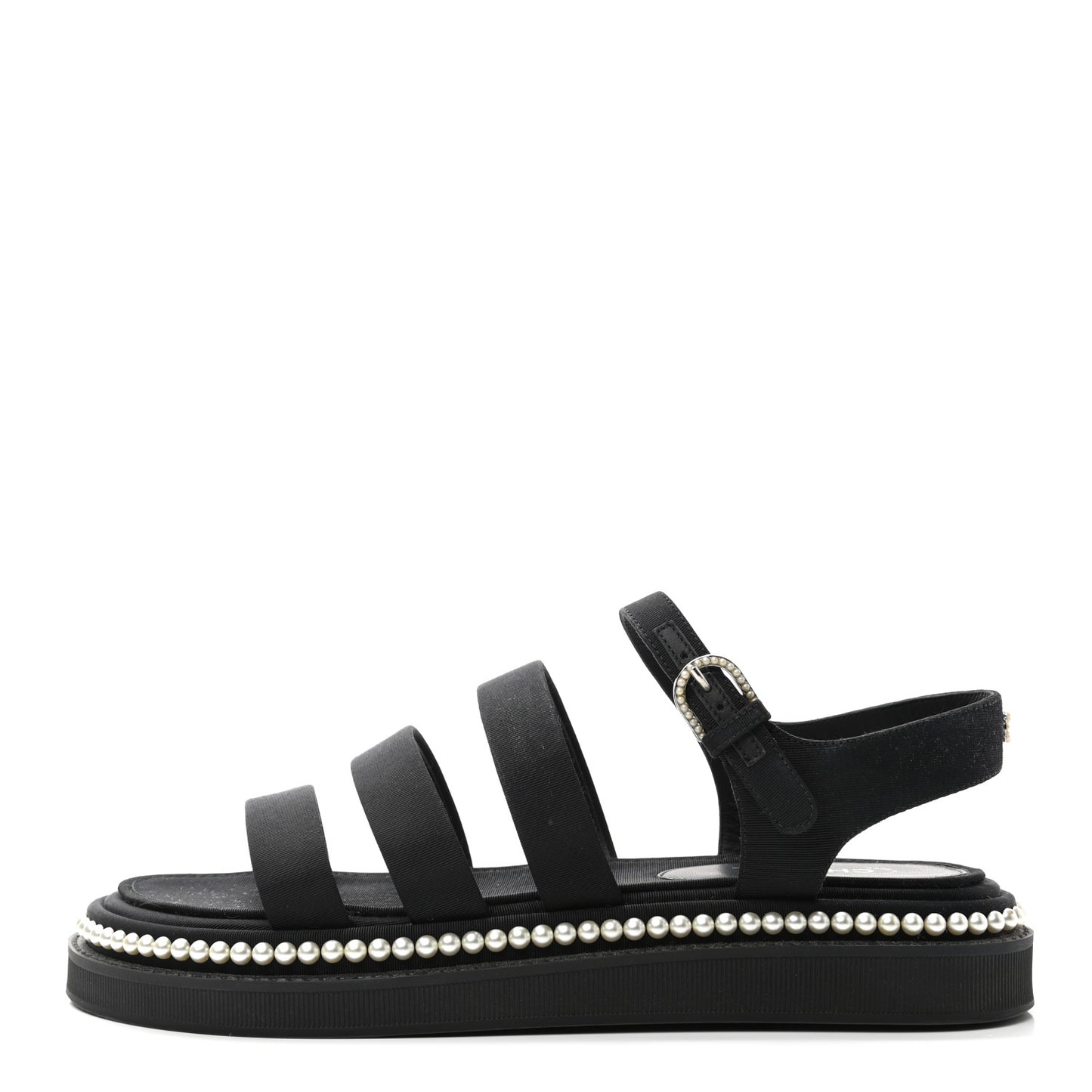 Grosgrain Pearl Flat Sandals 38.5 Black