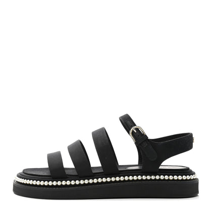 Chanel Grosgrain Pearl Flat Sandals 38.5 Black 1 of 11