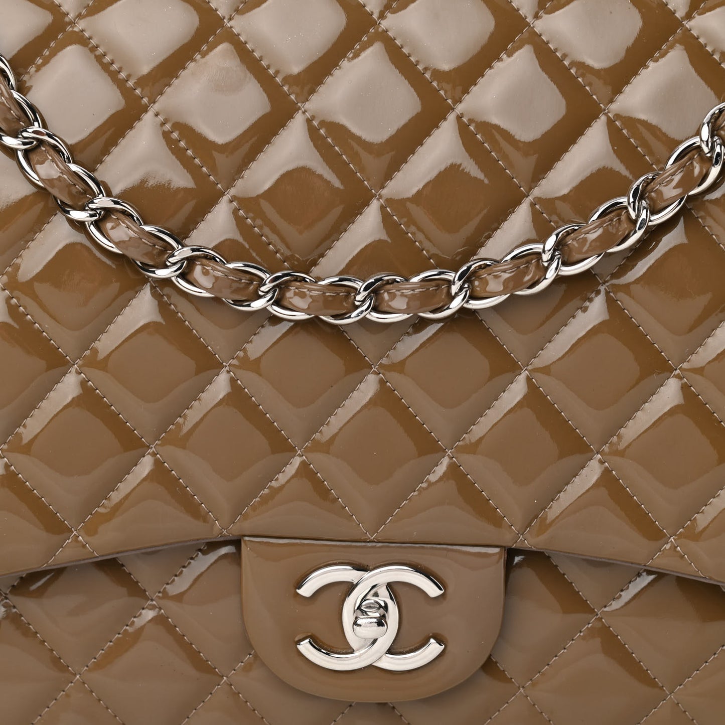Patent Calfskin Quilted Maxi Double Flap Grey