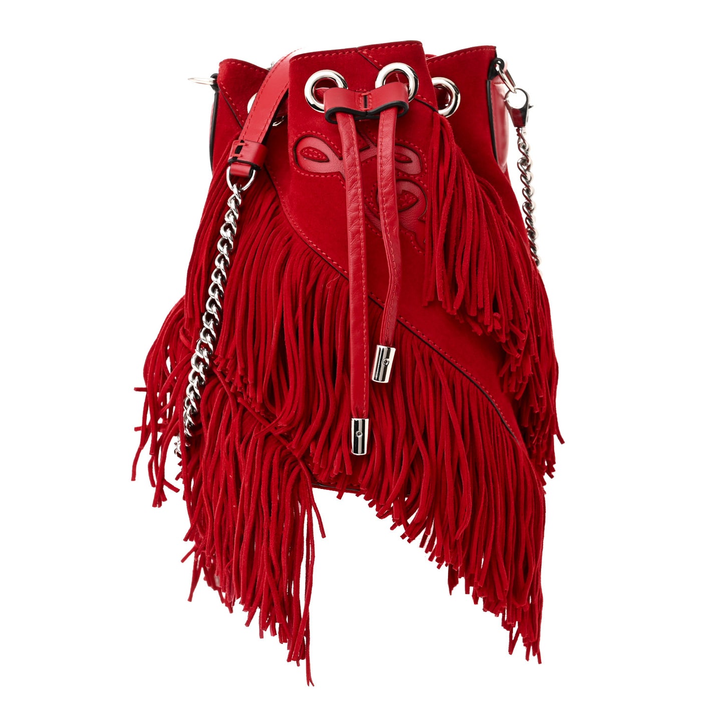 Suede Calfskin Fringe Marie Jane Bucket Red