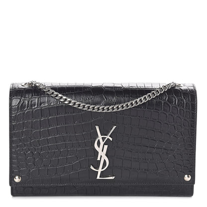 Saint Laurent Calfskin Crocodile Embossed Medium Classic Monogram Kate Satchel Black 1 of 9