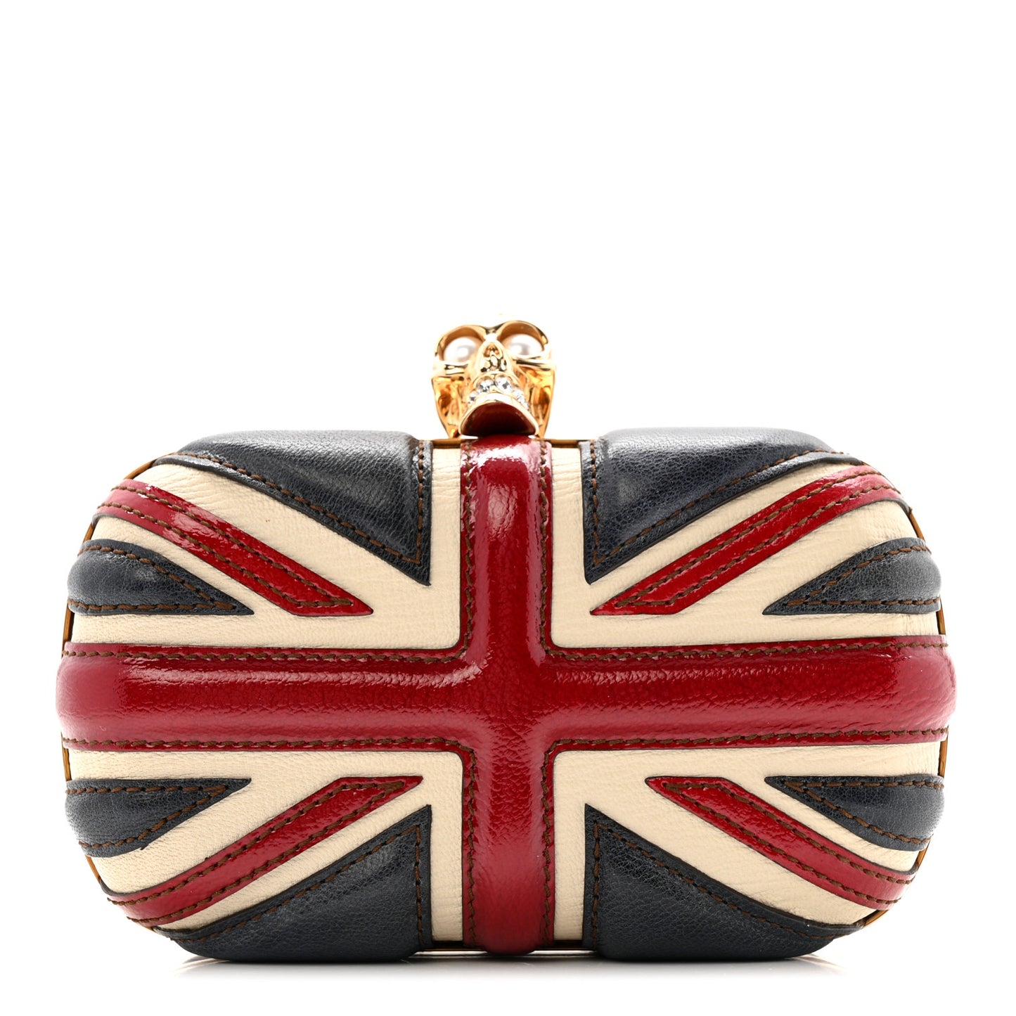 Patent Calfskin Britannia Skull Box Clutch Red Blue