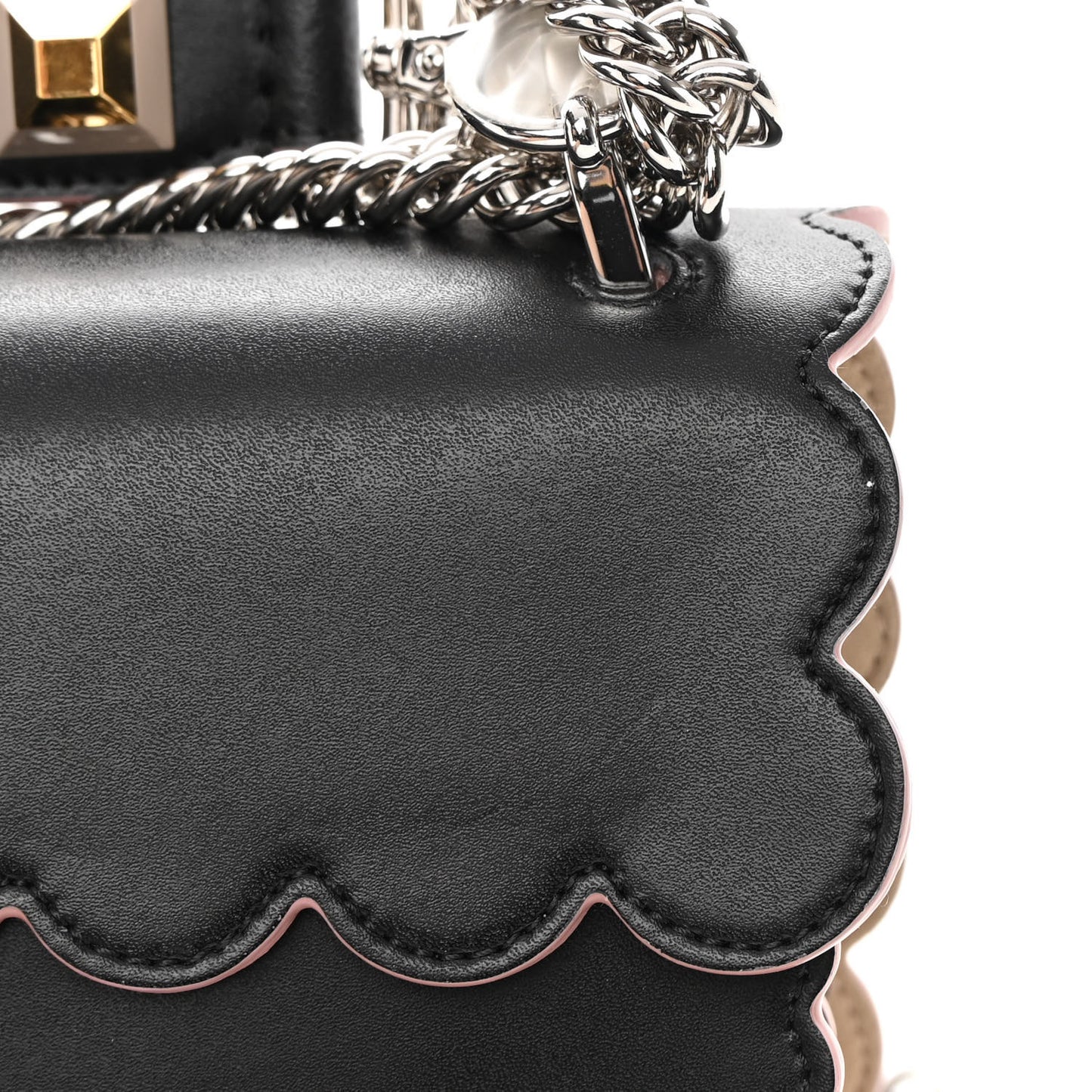 Vitello Liberty Pearl Bi-Color Flowers and Bow Scalloped Studded Kan I Shoulder Bag Black Soap