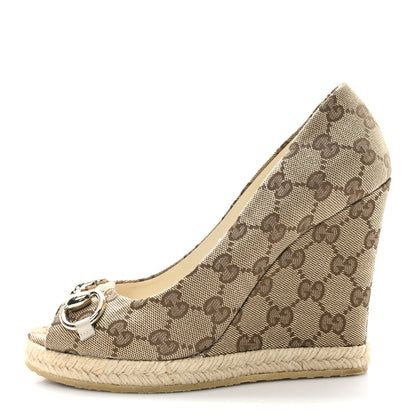Gucci Monogram Horsebit Open Toe Espadrille Wedges 36 Beige 1 of 10